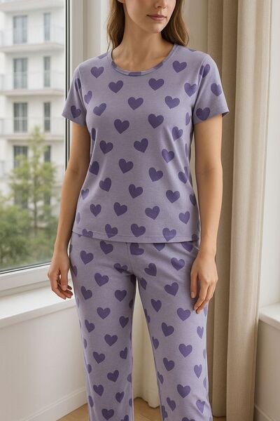 STELLAPİNK KALP BASKILI KISA KOL PAMUKLU PİJAMA TAKIMI - MOR