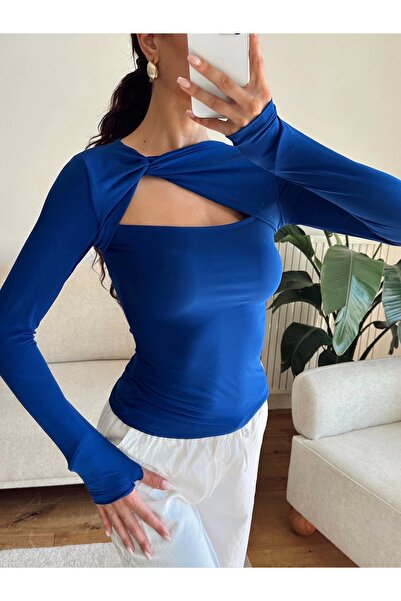 Zoom Butik Göğüs Pencere Kruvaze Bluz - SAKS MAVİSİ