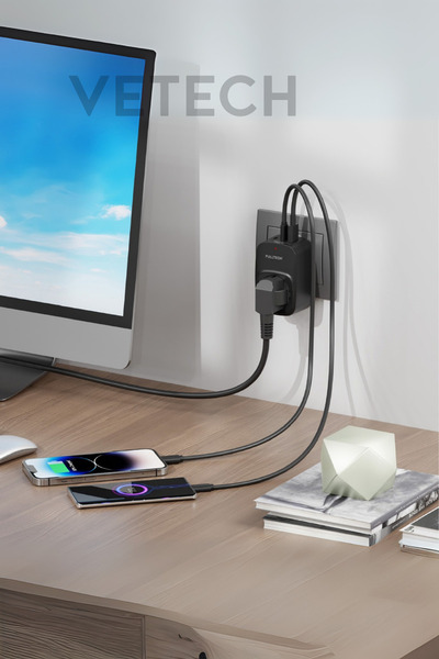Vetech Akım Korumalı Priz 1x Priz, 2x Type-C, 1x USB Port Çıkışlı Tekli Priz