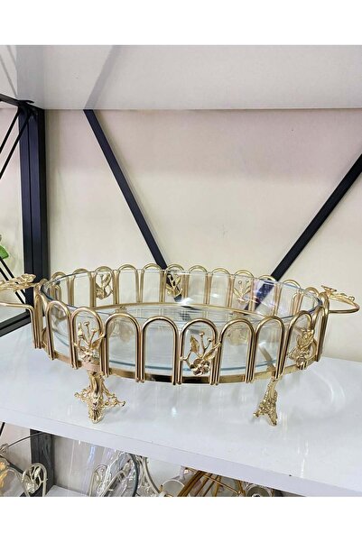 AZADE BAKIR GOLD PİRİNÇ JAPONGÜL DALGALI OVAL BORCAM CAM SUNUMLUK