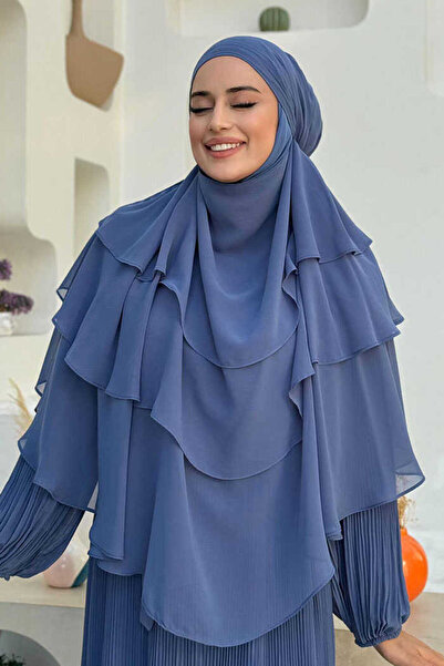 Bym Fashion Peçeli 3 Katlı Şifon Sufle Şal 6012 İndigo
