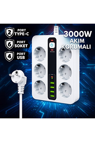 Brawi 3000W Akım Korumalı 6 Priz + 4 USB-A + 2 Type-C PD Hızlı Şarj Çoklu Pri...
