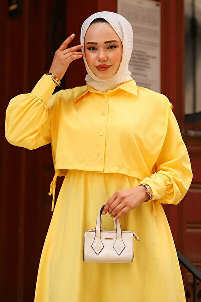 Tesettür Diyarı Kadın Tesettür Giyim Üst Cepken Detaylı Lizza Kumaş İkili Elbise Boy:135cm-Sarı