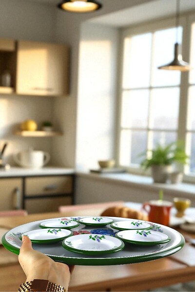 İnci Emaye 7 Piece Large Size Jasmine Patterned Enamel Breakfast Set, Presentation Plate, Breakfast Plate, Jam Bowl, Dowry