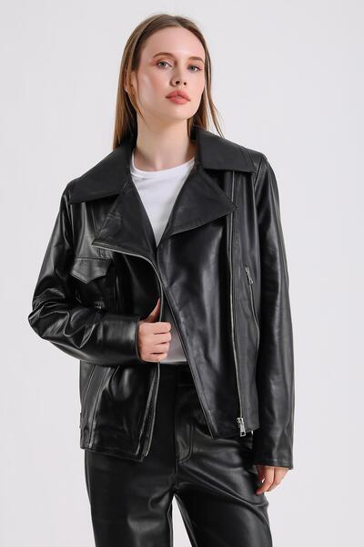 MQ Leather Maroquin Leather Billie Kadın Deri Biker Ceket