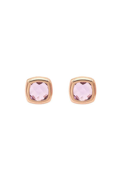 Bijuteria SORELLY 14k Gold Square Earrings with Natural Semi-Precious Stone Rose Quartz