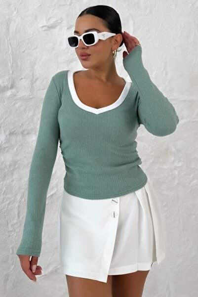 MODAGEN Kadın Mint Yeşili V Yaka Biyeli Uzun Kollu İnterlok Bluz