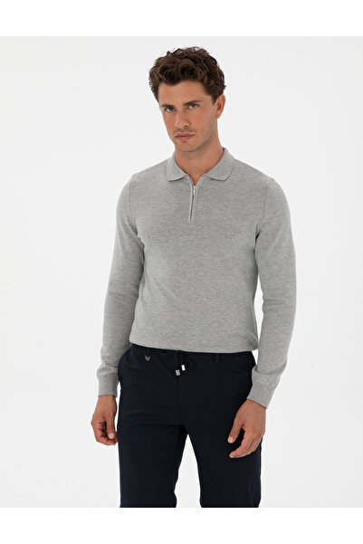 Pierre Cardin Сірий меланж Slim Fit Поло з коміром на блискавці Basic Трикотажний светр 50315406-VR086