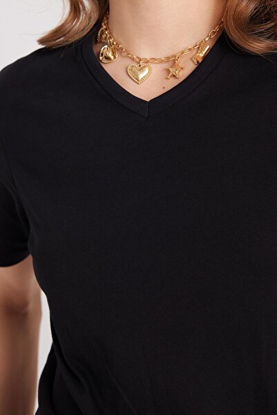 Tudors Women's Slim Fit Slim Fit 100% Cotton Soft Textured Black V-Neck T-Shirt