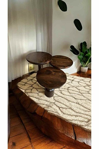 Simillo Home&Living Ceviz Ahşap Mantar Sehpa 3’lü Set – Şık Masif Doğal Zigon Sehpa Takımı - Dekoratif Çiçeklik