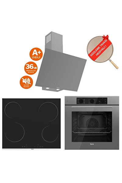 Ferre FlowArt Vita Vitroseramik Elektrikli Gri Ankastre Set ( D079-SA Sessiz + MS261 + QBL62CPR)