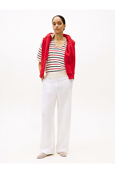 Tommy Hilfiger Kadın Yüksek Bel Geniş Paça Cep Detay Rahat Düz Model Beyaz Pantolon WW0WW46823-YCF