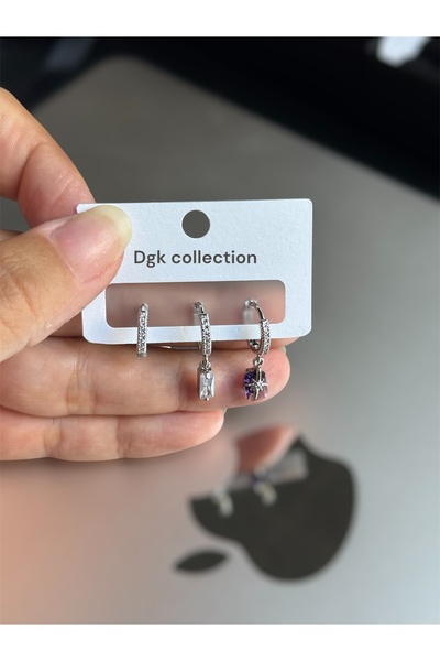 DGK COLLECTİON Gümüş renk Premium seri,3’lü ametist ve kristal taşlı trend küpe seti