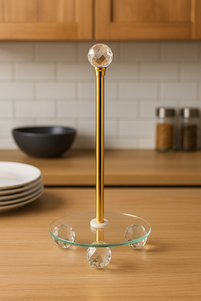 MİS KİTCHEN Crystal Ball Gold Metal Round Napkin Holder Glass Based Napkin Holder Paper Roll Towel Holder