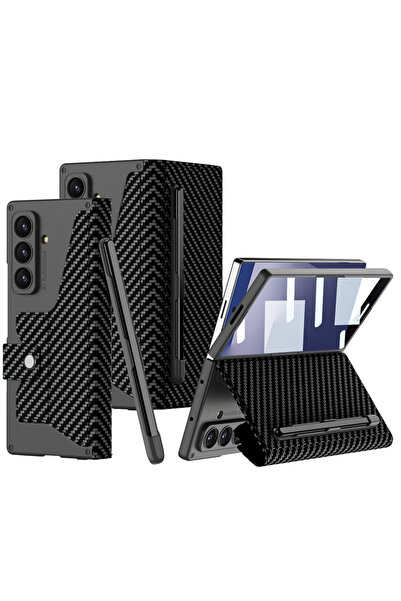 m.tk moveteck Galaxy Z Fold 7 uyumlu Kılıf S Pen Kalem Bölmeli Yuvalı Standlı Kartlıklı Cüzdanlı 360 Karbon Kapak