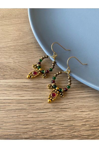 dela otantik Handmade Authentic Beaded Bohemian Hoop Earrings - Golden Burgundy and Green Color Ethnic Design Bijouterie Jewelry