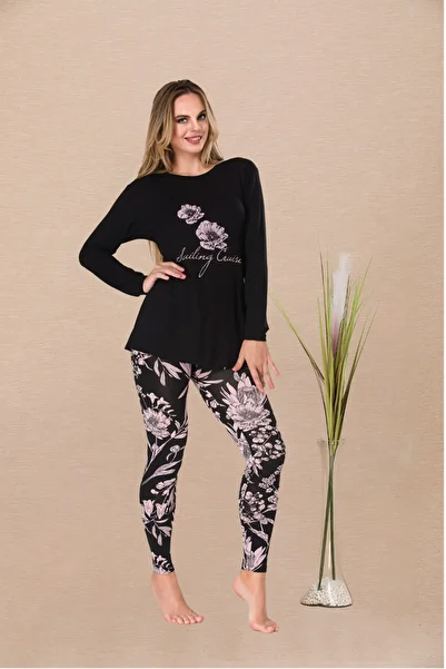 Lady Lingerie Women's Pajama Set with Long Sleeves, Floral Pattern, and Leggings