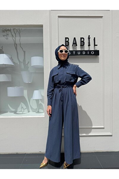 Venöve Women's Jumpsuit with Shoulder Chain Detail, Navy Blue