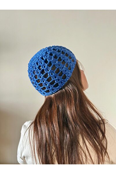 MELUSH Lacivert Renkli Simli Örgü Kroşe Şapka, Desenli Kasket, Tığ İşi Şapka