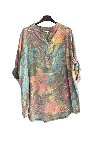 Park Moda Women's Italian Lily Print Button Detailed Folding Orphan Sleeve 100% Cotton Blouse