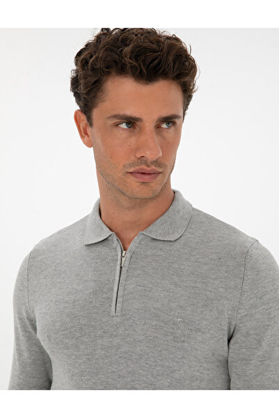 Pierre Cardin Сірий меланж Slim Fit Поло з коміром на блискавці Basic Трикотажний светр 50315406-VR086