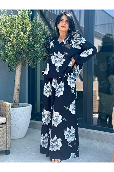 RAMONA BADESCU EXCLUSIVE Women's two-piece suit with floral print - blouse and wide-leg pants