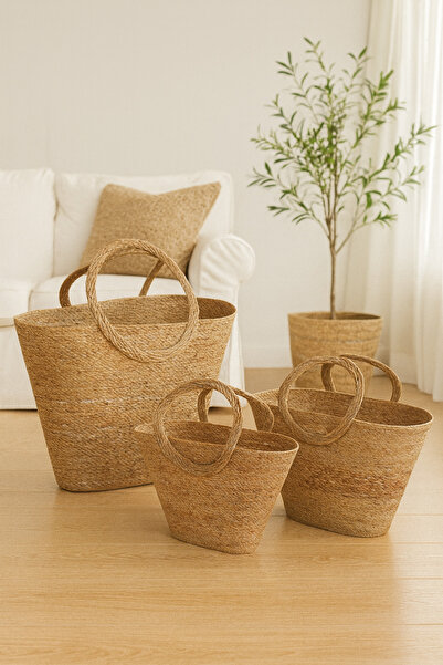 Çavdar Group 3'lü Hasır Plaj Çantası 3 Adet El Örgüsü El Çantası Dekoratif Çanta