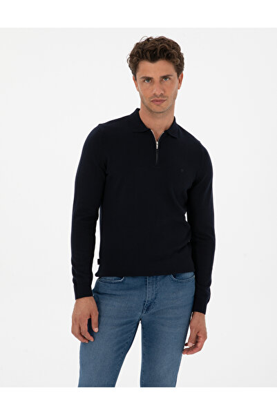 Pierre Cardin Navy Blue Slim Fit Polo Neck Zippered Basic Knitwear Sweater 50315406-Vr033