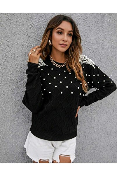 FIRAT kadın İnci Detaylı Baklava Desenli Triko Kadın Kazak