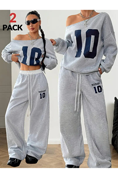 Keywest Γυναικείο φούτερ με στάμπα 10 σε γκρι λαιμόκοψη, λευκό λεπτομερές φούτερ με λεπτομέρεια στη μέση, διπλό σετ με φούτερ και παντελόνι