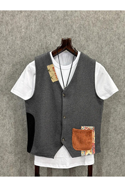 FıttingRoom Regular Anthracite Cotton Stamped Bohemian Vest