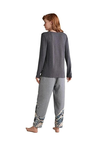 Vintora W618 Women's Patchwork V Neck Long Sleeve Pajama Set