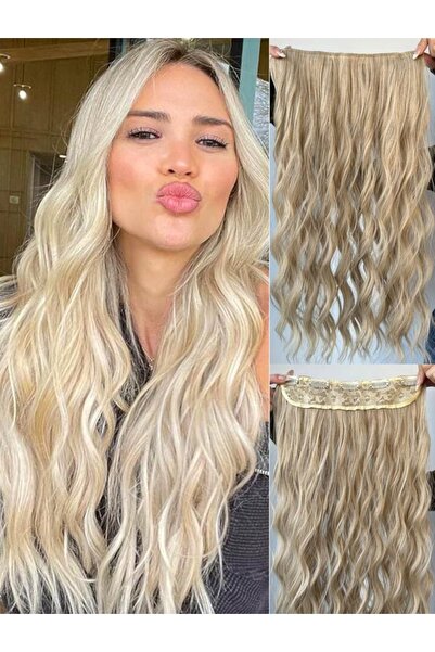 AKOLİFE Set de posturi de păr cu jumătate de lună ondulată afro galben cenușă + 2 posturi laterale - rezistent la căldură