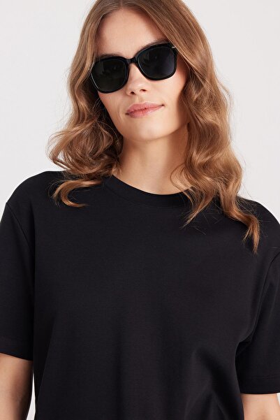 Tudors Γυναικείο μπλουζάκι με χαλαρή εφαρμογή, 100% βαμβάκι, μαλακή υφή, ελαφρώς χοντρό, βασικό μαύρο μπλουζάκι με λαιμόκοψη