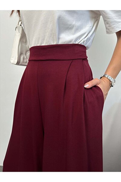 Hatun Atila Modal Fabric Wide Leg Palazzo Pants with Elastic Waistband and Battery Detail on the Back 8903 - Burgundy