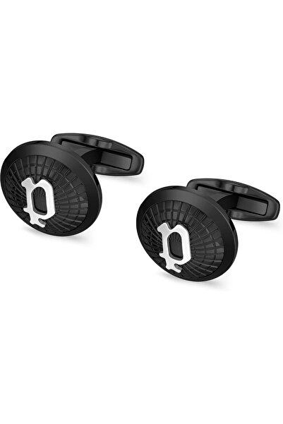 Police Decode Cufflinks - Ion-Plated Black Netted Design with Stainless Steel 'P' Logo