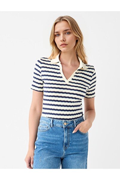 Jimmy Key Navy Blue Short Sleeve Shirt Collar Striped Knitted Blouse
