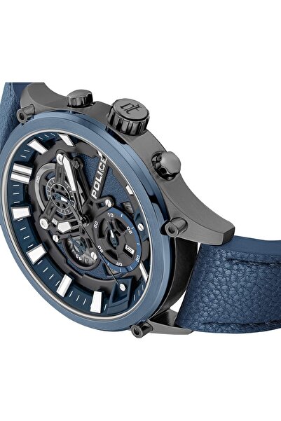 Police Wadden Men's 45mm Chronograph Watch with Blue Leather Strap, Quartz Movement, Screw-Detailed