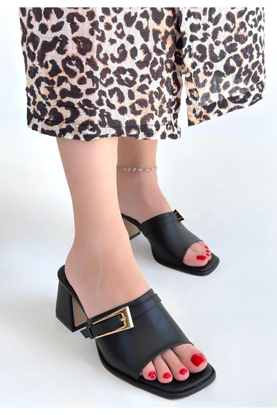 Ovebu Ziva black leather high heel slippers