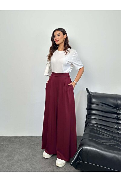 Hatun Atila Modal Fabric Wide Leg Palazzo Pants with Elastic Waistband and Battery Detail on the Back 8903 - Burgundy