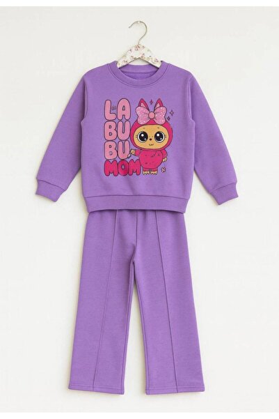 Divaa Babyy kız çocuk labubu baskılı 3 iplik şardonsuz eşofman takımı