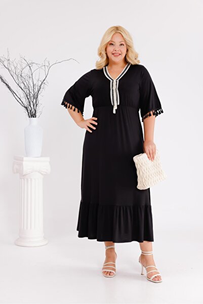 Siyezen Elastic Waist Tassel Detailed Cotton Lycra Dress