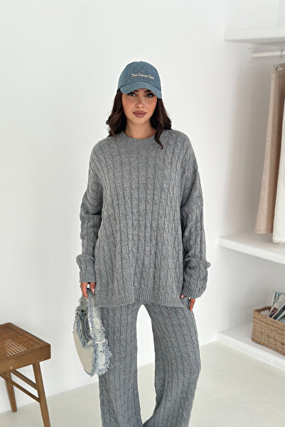 MİROR Women's Gray Knitted Patterned Loose Fit Knitwear Tracksuit Set