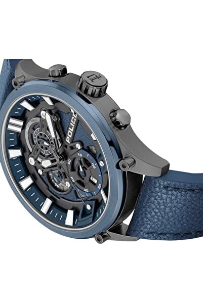 Police Wadden Men's 45mm Chronograph Watch with Blue Leather Strap, Quartz Movement, Screw-Detailed