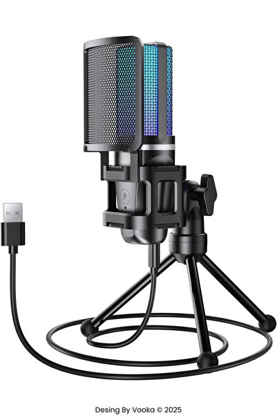VOOKA RGB Işıklı Kablolu Condenser Mikrofon – USB Bağlantılı, Tripod Standlı, Pop Filtreli, Online Ders,