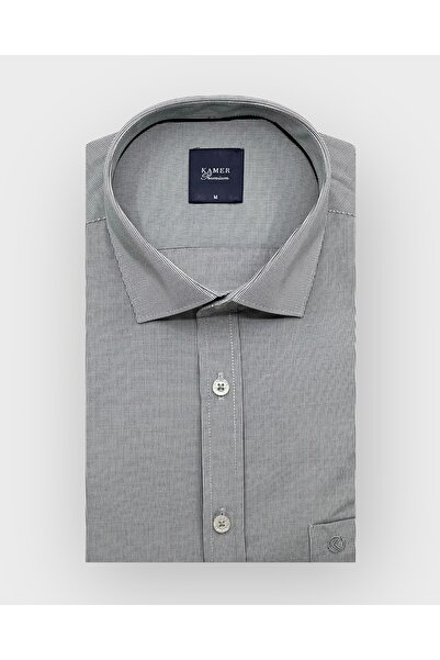 KAMER قميص رجالي بقصة عادية وأكمام طويلة وياقة كلاسيكية مخططة باللون الرمادي 3529G