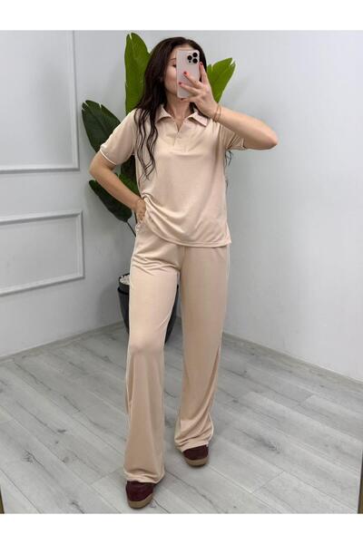 TUNAM BUTİK 2611 طقم قميص بياقة مودال باللون البيج الفاتح
