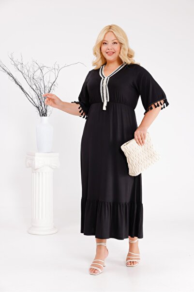 Siyezen Elastic Waist Tassel Detailed Cotton Lycra Dress