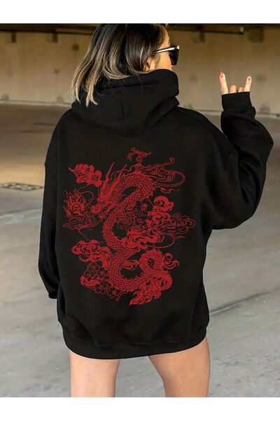 Eritqaa Japanski zmaj leđa Štampano crna Oversize kroj majica sa kapuljačom