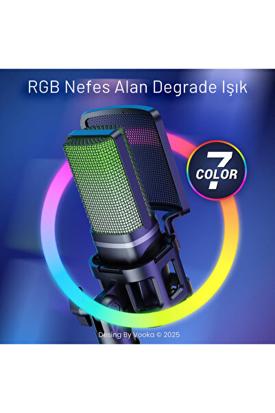VOOKA RGB Işıklı Kablolu Condenser Mikrofon – USB Bağlantılı, Tripod Standlı, Pop Filtreli, Online Ders,